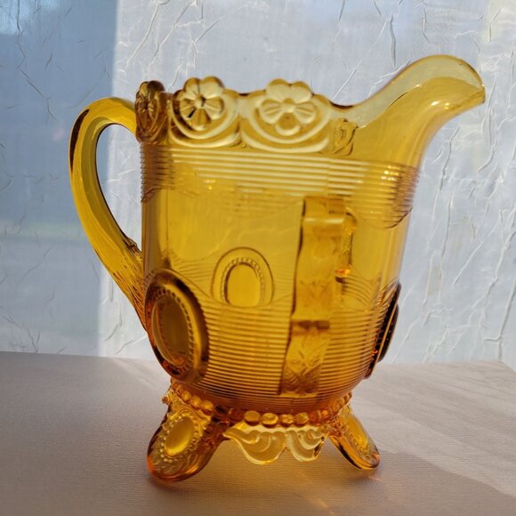 Antique Indiana Amber Dewey Depression Glass Pitcher With Floral & Geometric Des - Picture 2 of 10